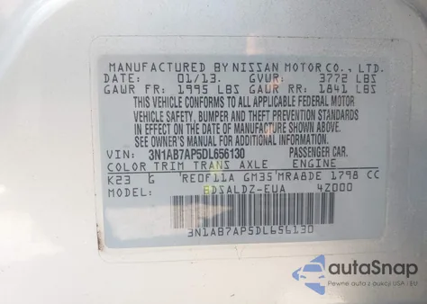 2013 Nissan Sentra Sv z USA, uszkodzony, nr VIN 3N1AB7AP5DL656130